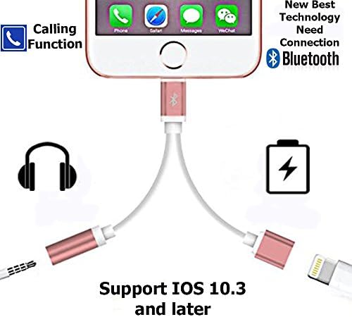 2 in 1 Lightning iPhone 7 Adapter, Lightning to 3.5mm Aux Headphone Jack Audio Adapter for iphone 7 / 7 plus (Rose Gold),Cable Charge and Headphone Splitter, (Need Bluetooth Connection) ALDAN