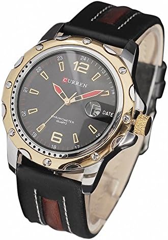 CURREN Men's Business Fashion Durable Classic Luxury Golden Bezel Quartz Wristwatch Leather Strap Calendar Big Black Round Dial