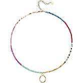 MEVOME Beaded Initial Necklace for Women, Boho Natural Stone Semi-Precious Stone 18K Gold Plated Letter Pendant Rainbow Colorful Trendy Alphabet Dainty Choker Jewelry for Women Summer Beach Party