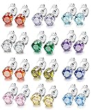 LOYALLOOK 12 Pairs Stainless Steel Brilliant Cut Round Cubic Zirconia Birthstone Stud Earrings for Women