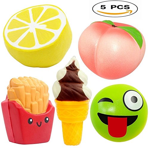 Kawaii Jumbo Squishies Slow Rising 5pcs Random Scented Fruit Charms Toy Pack Cute Lemon Peach French Fries Ice Cream Cone Emoji Best for Kids & Adults-Fun Activites Party-Decorations Stress-relief