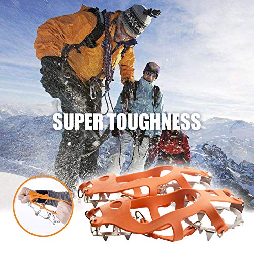 Freshday 1 Pair Non-Slip Ice Gripper Climbing Crampons Traction Cleats 19 Teeth Stainless Steel Spikes Durable Silicone Ice Creepers Shoes Cover for Walking, Jogging, Hiking on Snow and Ice