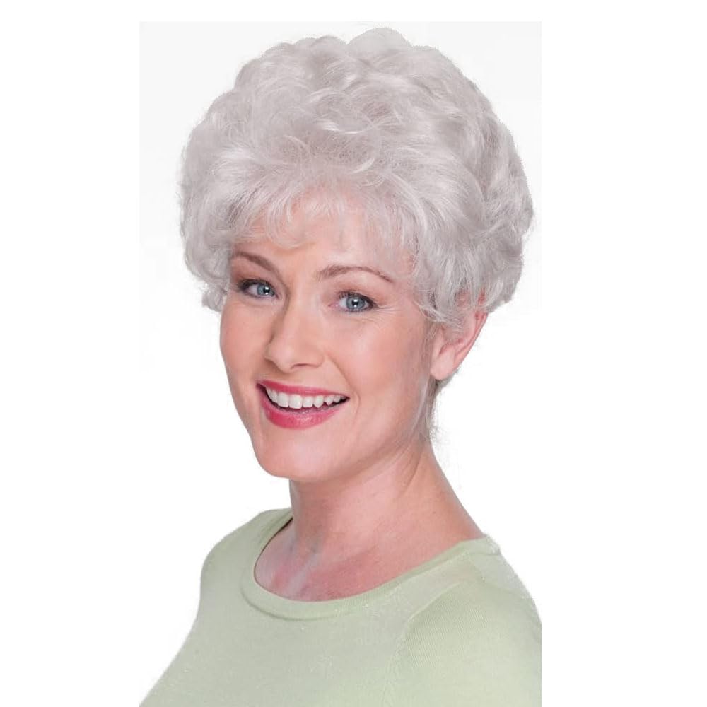 Short White Wig With Bangs for Women - Natural Looking Pixie Cut Costume Hair, Grey Curly Fluffy Layered for Middle-aged and Older Ladies