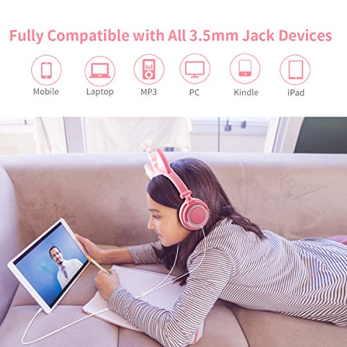 Unicorn Kids Headphones with Microphone, Over-Ear Cat Headphones Wired for Girls Boys Adjustable Foldable 85dB Volume Limited Headset School Travel (Peach)