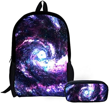 LedBack 3D Galaxy School Bag with Pencil Bag Polyester Backpack for School Boys Girls Elementary Children Teens Pen Holder Large Capacity Book Bag