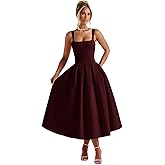Sougoue Satin Midi Prom Dresses for Women 2025 Pleated A Line Sleeveless Formal Evening Gowns with Pockets