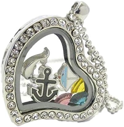 Nautical Heart Locket Necklace BN Tiny Crystal Beads Mini Floating Charms