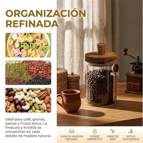 MOISLAS Frascos de Vidrio Herméticos 8 PCS con Tapa madera exquisita 900ml 140ml Frasco para Organización Contenedor para Almacer Alimento Especias Café Azúcar 4 exquisita cuchara de madera