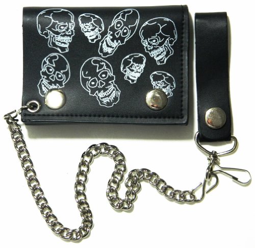 Skulls Design Biker Chain Leather Wallet Tri Fold