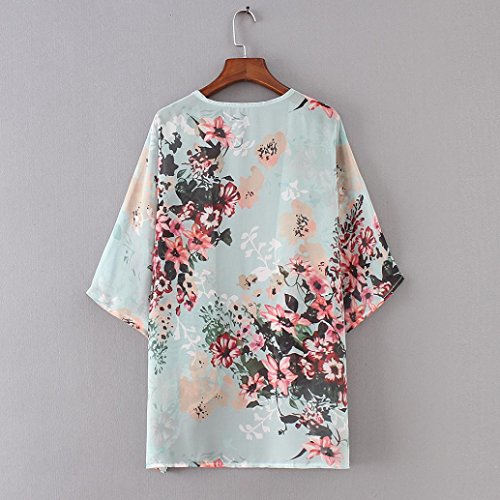 Fabal Beach Cover Women Floral Kimono Loose Half Sleeve Shawl Chiffon Casual Cardigan (M, Green) - Thumbnail 5