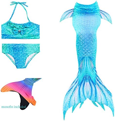 AUIE SAOSA Girl Mermaid Tail for Swimming and Fins Swimwear Cover up Sets 4PC Sky Blue SB150