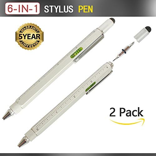 6 in 1 Tech Tool Pen, Fashion and Convenience Multi-function Pen with Ruler Stylus Level-gauge Ballpoint-Pen and 2 Kinds of Screw-Driver (Silver X 2)