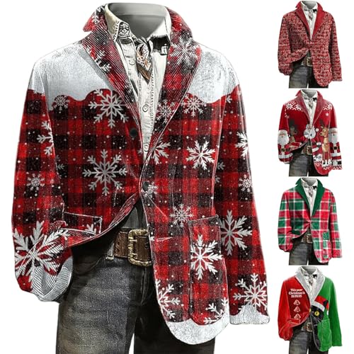 Christmas Suit for Men UK, Novelty Xmas Outfit for Costume Party Causal Christmas Suit Business Wedding Festival Rave Outfit One-Button Elegant Jacket Slim Fit Corduroy Coats for Fall and Winter