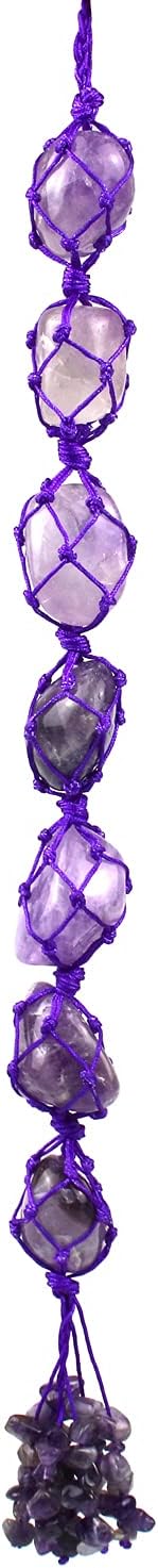 ARZASGO Chakra Natural Stones Hanging Ornament, Reiki Healing Crystals Car Window Hanger Good Luck Feng Shui Home Decoration Tumbled Gemstone for Yoga Meditation, Amethyst