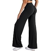 VOYJOY Fold Over Straight Leggings Womens Wide Leg Yoga Pants No Front Seam 31.5" Mid Low Waist Stretch Sweatpants