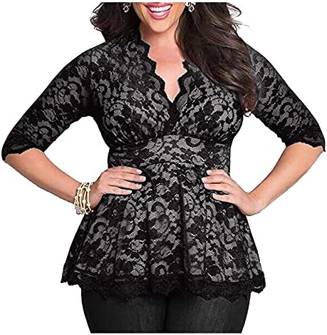 Darkey Wang Womens Plus Size(XL-5XL) V-neck Sleeved Floral Lace Tunic Peasant Tops Blouse(3XL)