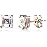 [RIZILIA CLASSIC] Stud Pierced Earrings with Square Emerald Cut Gemstones CZ [Multi-Colors available] in 18K White Gold Plated, Simple Modern Elegant