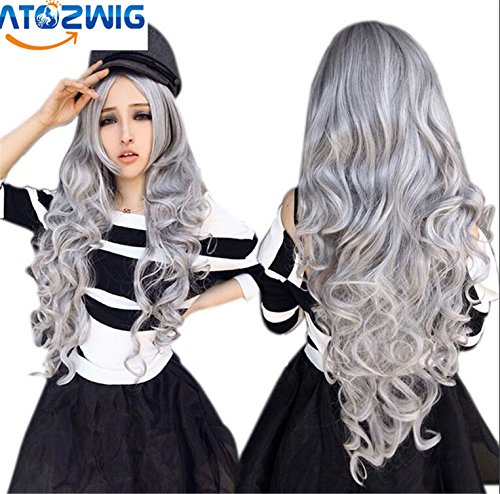 ATOZWIG Fashion Women Stone gray Long Curly Wavy Hair Full Cosplay Lolita Party Wig