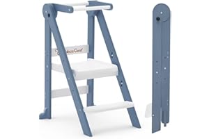 CAMECEQUTER Foldable Toddler Kitchen Stool Helper, Toddler Tower with 3 Adjustable Height, Wooden Toddler Step Stool, Collapsible Toddler Tower, Toddler Stool for Kitchen and Bathroom