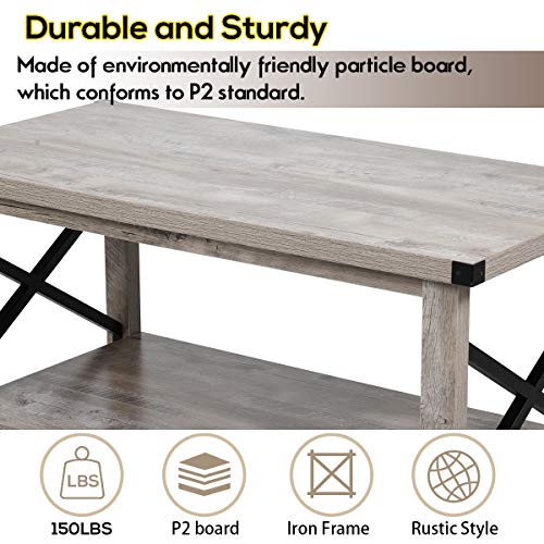 Jaxsunny Modern Farmhouse Coffee Table With Storage Shelf Wood Look Rustic Coffee Table W Metal X Frame Accent Cocktail Table For Living Room Grey Wash Pricepulse
