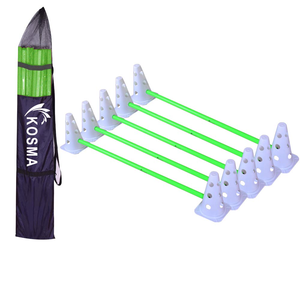 Kosma Pack of 15 Pc Multi-functional and Adjustable Agility Hurdle set | Dog Agility Training Set - 10 Durable White Cones 9 Inches with 12 holes & 5 Green Poles 40 Inches - In Carry Bag