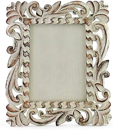 30cm x 25cm Hand Carved Photo Frame, Indonesian Style, for 6x8" Prints White / Brown Wash