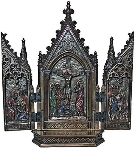 Religious Calvary triptych in lightly hand-painted cold cast bronze, 7.25x8"