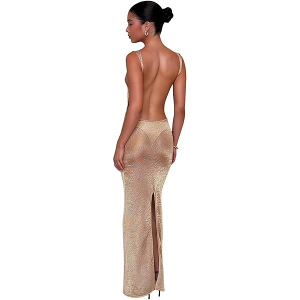 sheer glitter maxi dress Champagne Glitter Maxi Dress with High Slit and Beaded Floral Detailing – Embellished Gown with Sheer Tulle Train Plus Size Size 12 / Champagne main image 0