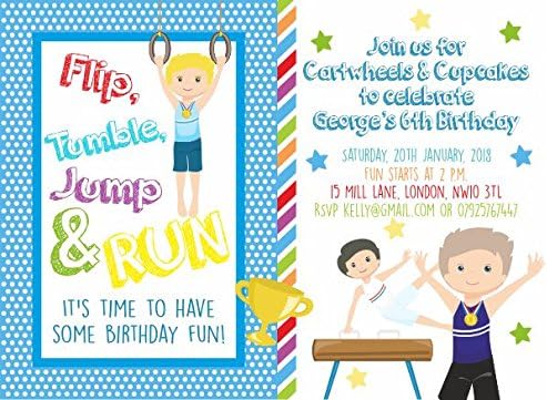 ABV Designs 10 x Personalised Gymnastics Party Invitations. (with Blue envelopes)