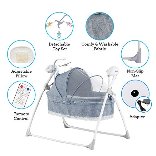 Uenjoy Rocking Multifunction Baby Swing Bed Automatic Bassinet Baby Basket with Remote Control, Music, Bluetooth, Timing, Adjustable Speed,Gray - Thumbnail 5