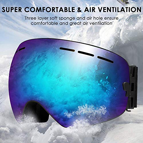 Zerhunt Ski Goggles, Snowboard Goggles Over Glasses, Anti Fog UV Protection Snow Goggles OTG Interchangeable Lens for Men Women Snowmobile, Skiing, Skating, Blue - Thumbnail 3