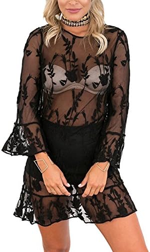 SR VISION Women Crochet Boho Beach Dress Long Flare Sleeve Mesh See-Through Lace Mini Dress Solid Color Top