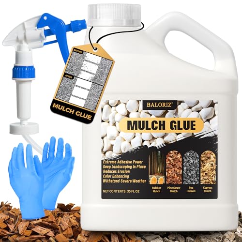 BALORIZ 35oz Mulch Glue & Rock Glues for Landscaping, Pea Gravel & Bark, Strong Stabilizing Gravel Glue with Sprayer Ready to Use Non Toxic Mulches Glues for Rocks Locking Most Mulches
