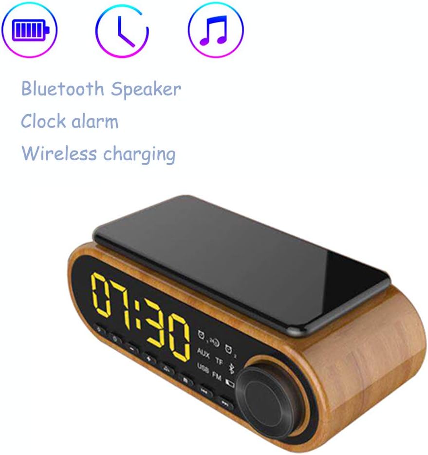 WFGT QI Wireless Charging Alarm Clock Radio Bluetooth Speaker Mains Powered Alarm Dimmable Display with Qi Wireless Charger and Thermometer for iPhone Samsung,Woodgrain
