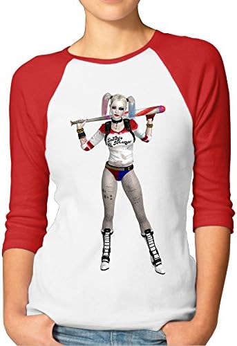 Women Suicide Squad Harley Quinn Cotton 3/4 Sleeve Raglan T-Shirts Red Small