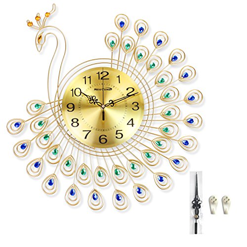 NEOTEND 3D Wall Clock Peacock 40pcs Diamonds Decorative Clock Diameter 20.8"