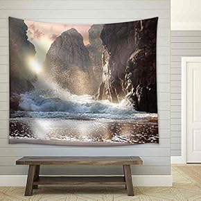 Fantastic Big Rocks and Ocean Waves at Sundown Time. Dramatic Scene. Beauty World Landscape. - Fabric Wall Tapestry Home Decor - 51x60 inches