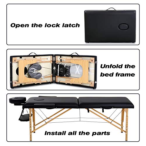 HCB Portable Massage Table SPA Massage Bed Foldable 73" Adjustable Height 2 Folding SPA Salon Bed 450 LBS Capacity Carrying Case with Dust Bag (Black) - Image 3