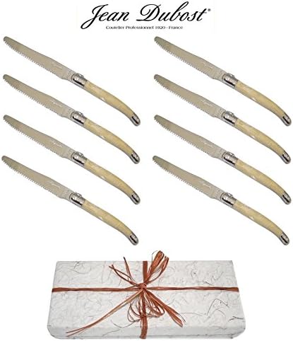 Authentic LAGUIOLE Dubost - Horn - 8 ROUND TIP Table Dinner Knives - Presented In Free Gift-Box - Each Knife: 9"/23cm - Also Used As Butter Knife/Spreader (Serrated Wavy Edge - Original Genuine French Laguiole - Quality Family White Color Flatware/Cutlery Setting for 8 People - With Certificate of Authenticity - Direct From France)