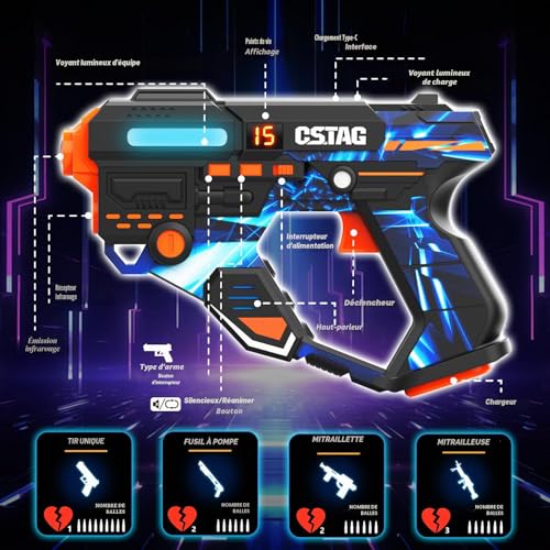 VATOS Rechargeable Laser Tag Set with 360° Sensors for 4 Players, Infrared 2.4GHz Real Time Data Display, Family Group Game for Kids and Teens, Gift for