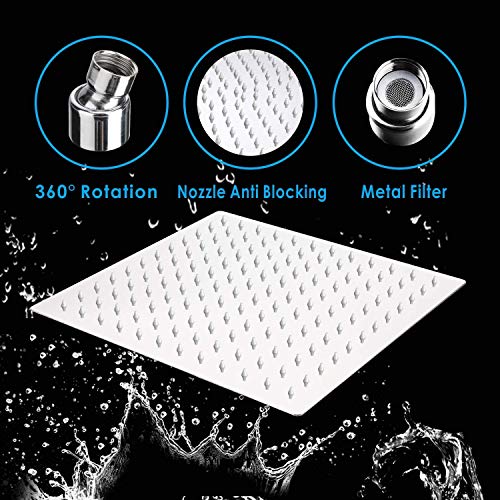 Alta Presión Montaje Fijo de Cabeza de Ducha de lluvia-16 Pulgadas/40cm Gran Cuadrada 304 de Acero Inoxidable Ducha de Spray - 1/2'' Conector, Rotación de 360 Grados-con Boquilla de Silicona- Ultra Fino Ahorro de Agua Regaderas Fijas para Baño Gigante Piso Individual-RabbitStorm