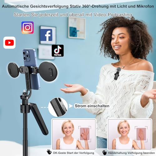 Content Creator Kit per vlogging per iPhone/Android, Automatico Volto Rilevamento Treppiede per iPhone da 180cm, Bastone Selfie con luce e microfoni wireless, TikTok/YouTube Starter Kit