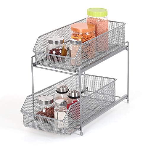 2-Tier Sliding Cabinet Basket Organizer Drawer in Silver for Bathroom Kitchen Office