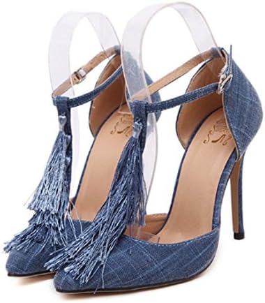 YINHAN Women's Tassel Denim Pointed Stiletto High Heel Shoes Dark Blue 38