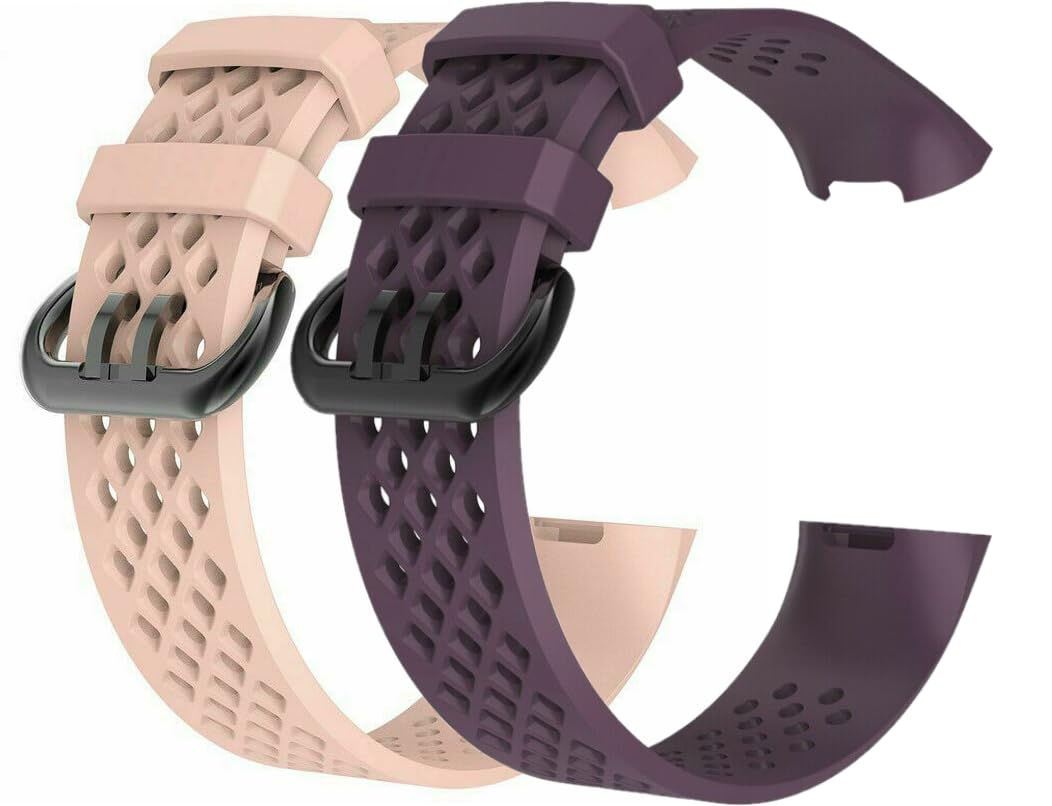 Panda Bobo for Fitbit Charge 3 / Fitbit Charge 4 Strap, Sport Silicone Adjustable Replacement with Breathable Holes Bracelet Strap Wristband (Small, Twin Pack - Pink + Purple)