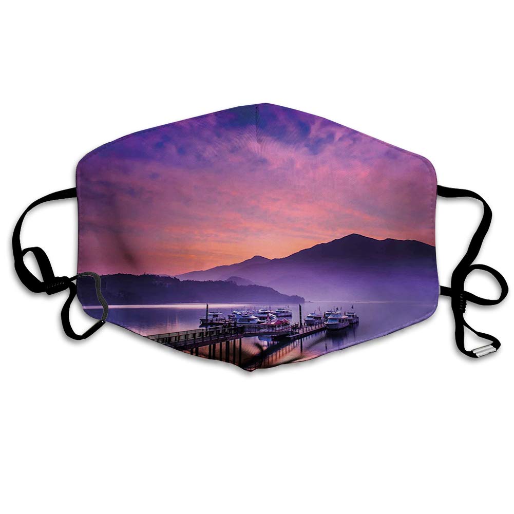 Windproof Printed mask,Asian Seashore in Nantou Taiwan Majestic Cloudy Sky Scenery Lake Boats Mountain,Facial decorations for adult   DD-0031362
