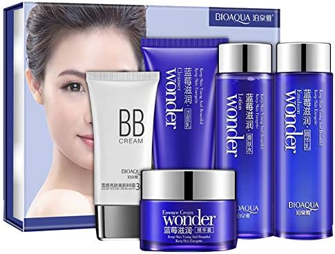 Skin Health Care, 5Pcs Blueberry Cleanser Essence BB Cream Moisturizing Oil Control Skin Care - Blue