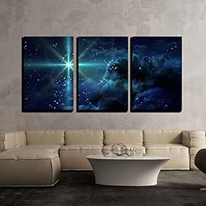 3 Piece Canvas Wall Art -Bright Star in Space - Modern Home Art Stretched and Framed Ready to Hang - 16"x24"x3 Panels