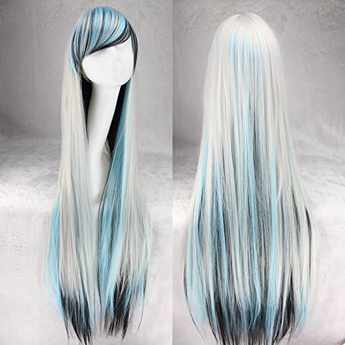 HOTGEE(TM) 40" Anime Long Black Straight Cosplay Wig Long Straight Hair Costume Play Party Full Wig (White with Black and Blue)
