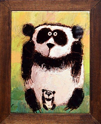 Panda Decorative ceramic art tile in wooden frame. Copy of the original picture in naive style - "The Panda". Painter - Dmitry Syrov.